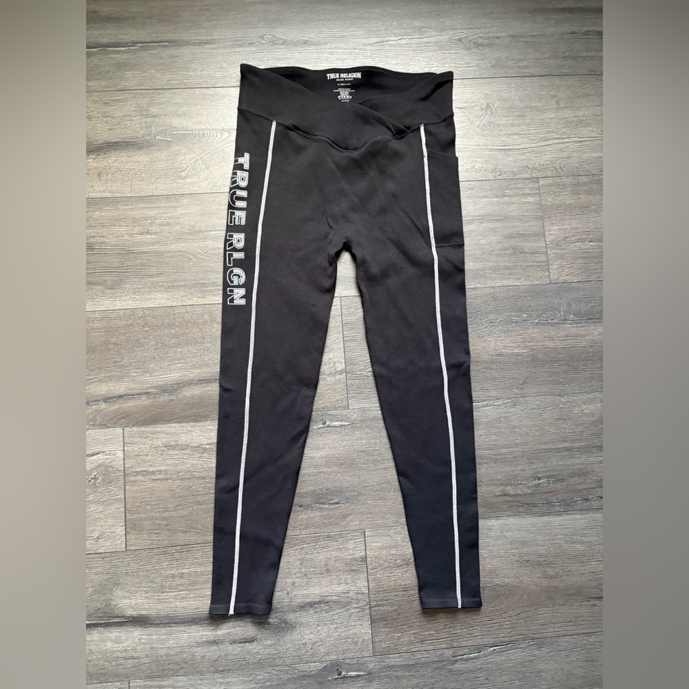 True Religion Womens Black Ribbed Metallic Logo Leggings Size M-L